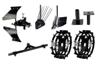 Experten-Zubehörpaket (Wendepflug, Verstellbarer Doppeladapter, 2 x Häufler, 2 x Kartoffelrodepflug, Metallräder 5.00 mit Naben)