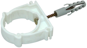 Kunststoff-Klammer mit Deckel zur Rohrbefestigung mit Dübel und Holzschraube