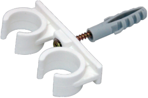 Kunststoff-Klammer zur Rohrbefestigung mit Dübel und Holzschraube